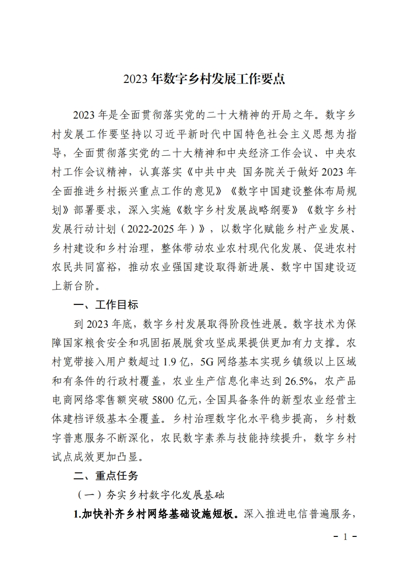 2023年数字乡村发展工作要点