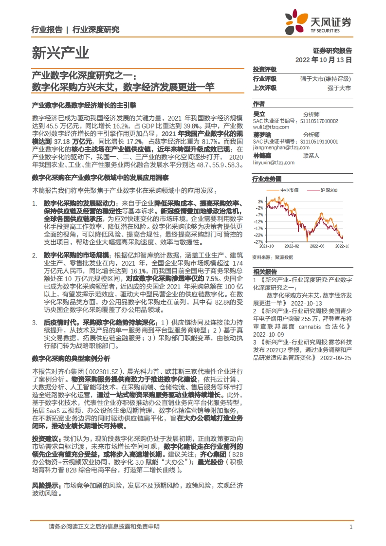产业数字化深度研究之一：数字化采购方兴未艾，数字经济发展更进一竿-20221013-天风证券-30页