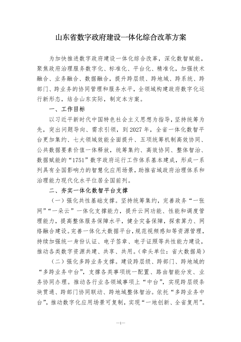 山东省数字政府建设一体化综合改革方案