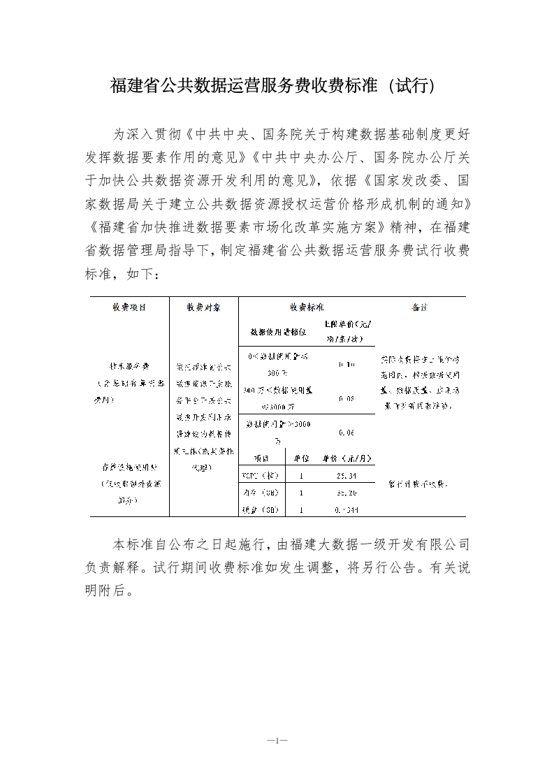 福建省公共数据运营服务费收费标准（试行）